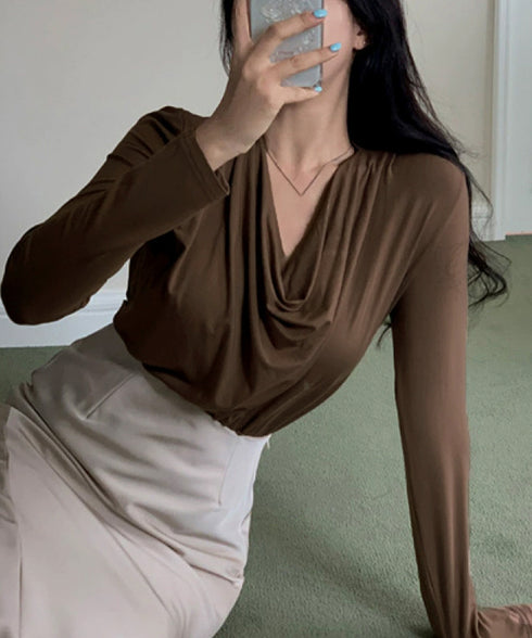 ドレープネックTシャツ 長袖トップス春秋 レディース おしゃれカットソー オフィスカジュアル 柔らかなプルオーバー 大人通勤トップス 韓国風 無地カットソー細見え 92JILAI-001