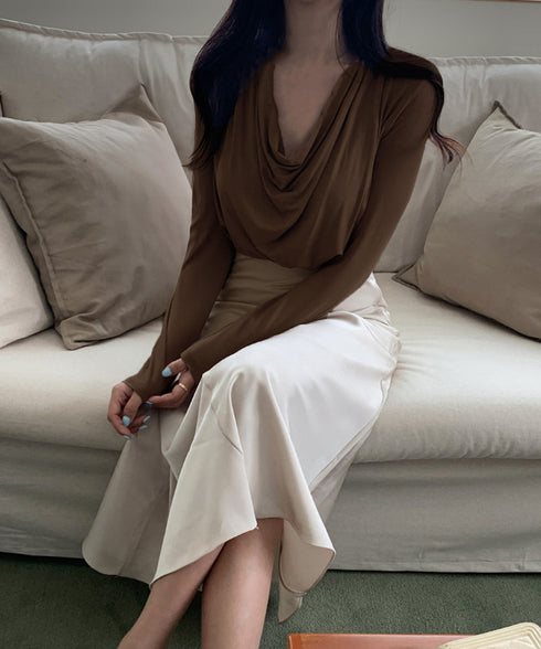 ドレープネックTシャツ 長袖トップス春秋 レディース おしゃれカットソー オフィスカジュアル 柔らかなプルオーバー 大人通勤トップス 韓国風 無地カットソー細見え 92JILAI-001