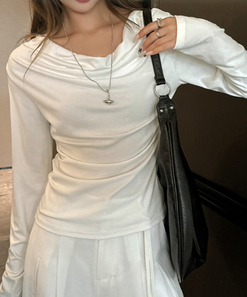 ドレープネックTシャツ 長袖トップス春秋 レディース おしゃれカットソー オフィスカジュアル 柔らかなプルオーバー 大人通勤トップス 韓国風 無地カットソー細見え 92JILAI-001