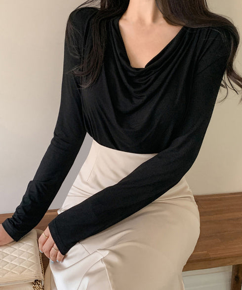 ドレープネックTシャツ 長袖トップス春秋 レディース おしゃれカットソー オフィスカジュアル 柔らかなプルオーバー 大人通勤トップス 韓国風 無地カットソー細見え 92JILAI-001