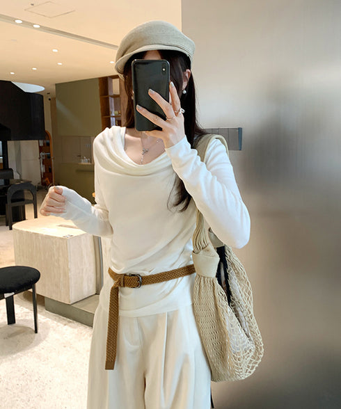 ドレープネックTシャツ 長袖トップス春秋 レディース おしゃれカットソー オフィスカジュアル 柔らかなプルオーバー 大人通勤トップス 韓国風 無地カットソー細見え 92JILAI-001