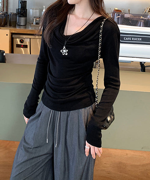 ドレープネックTシャツ 長袖トップス春秋 レディース おしゃれカットソー オフィスカジュアル 柔らかなプルオーバー 大人通勤トップス 韓国風 無地カットソー細見え 92JILAI-001