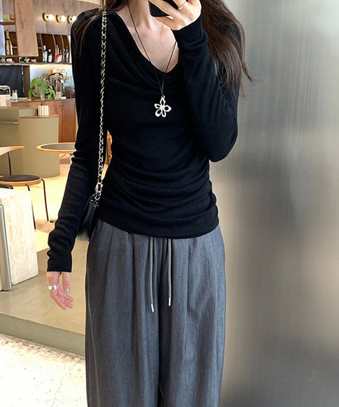 ドレープネックTシャツ 長袖トップス春秋 レディース おしゃれカットソー オフィスカジュアル 柔らかなプルオーバー 大人通勤トップス 韓国風 無地カットソー細見え 92JILAI-001