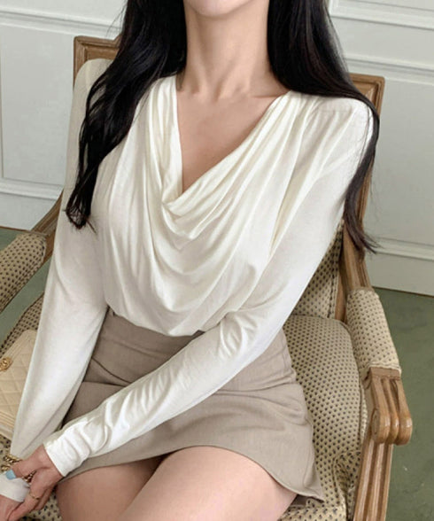 ドレープネックTシャツ 長袖トップス春秋 レディース おしゃれカットソー オフィスカジュアル 柔らかなプルオーバー 大人通勤トップス 韓国風 無地カットソー細見え 92JILAI-001