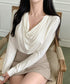 ドレープネックTシャツ 長袖トップス春秋 レディース おしゃれカットソー オフィスカジュアル 柔らかなプルオーバー 大人通勤トップス 韓国風 無地カットソー細見え 92JILAI-001