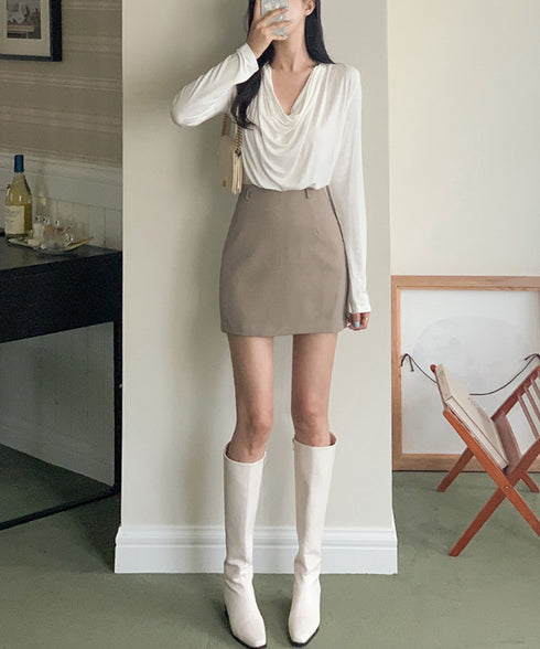 ドレープネックTシャツ 長袖トップス春秋 レディース おしゃれカットソー オフィスカジュアル 柔らかなプルオーバー 大人通勤トップス 韓国風 無地カットソー細見え 92JILAI-001