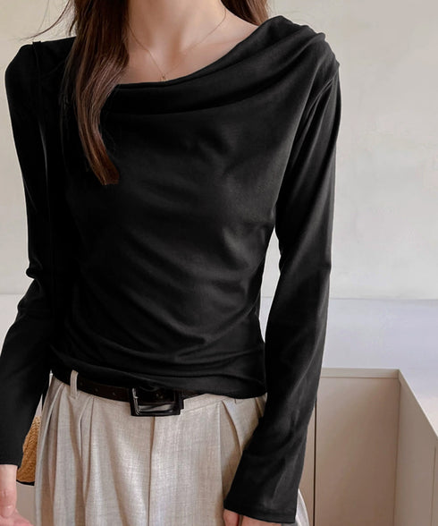 ドレープネックTシャツ 長袖トップス春秋 レディース おしゃれカットソー オフィスカジュアル 柔らかなプルオーバー 大人通勤トップス 韓国風 無地カットソー細見え 92JILAI-001