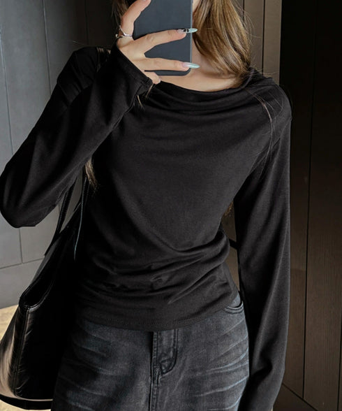 ドレープネックTシャツ 長袖トップス春秋 レディース おしゃれカットソー オフィスカジュアル 柔らかなプルオーバー 大人通勤トップス 韓国風 無地カットソー細見え 92JILAI-001