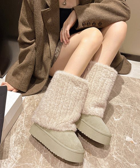 フェイクムートンブーツ 厚底ファーブーツ レディース裏起毛カバーブーツ あったかミドル丈ブーツ 美脚脚長シューズ 歩きやすい防風防寒冬靴 疲れないもこもこブーツ 92JLDZSW-001
