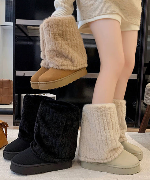 フェイクムートンブーツ 厚底ファーブーツ レディース裏起毛カバーブーツ あったかミドル丈ブーツ 美脚脚長シューズ 歩きやすい防風防寒冬靴 疲れないもこもこブーツ 92JLDZSW-001