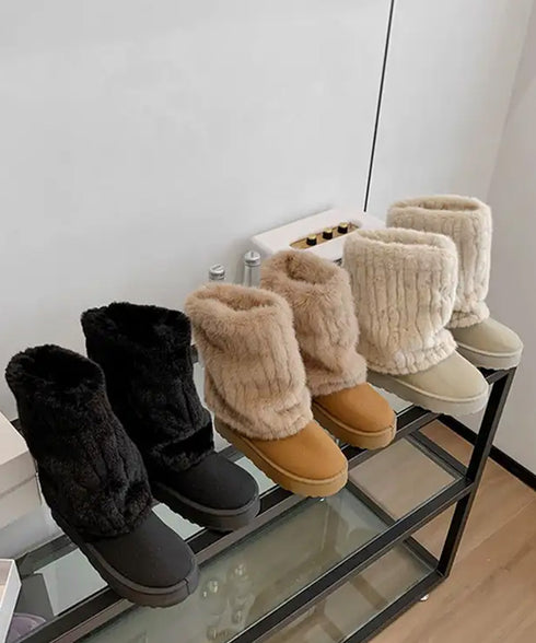フェイクムートンブーツ 厚底ファーブーツ レディース裏起毛カバーブーツ あったかミドル丈ブーツ 美脚脚長シューズ 歩きやすい防風防寒冬靴 疲れないもこもこブーツ 92JLDZSW-001