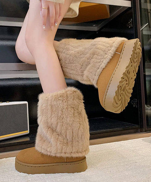 フェイクムートンブーツ 厚底ファーブーツ レディース裏起毛カバーブーツ あったかミドル丈ブーツ 美脚脚長シューズ 歩きやすい防風防寒冬靴 疲れないもこもこブーツ 92JLDZSW-001