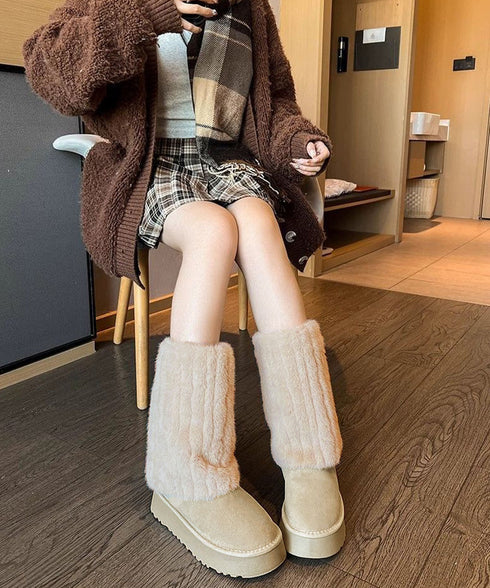 フェイクムートンブーツ 厚底ファーブーツ レディース裏起毛カバーブーツ あったかミドル丈ブーツ 美脚脚長シューズ 歩きやすい防風防寒冬靴 疲れないもこもこブーツ 92JLDZSW-001