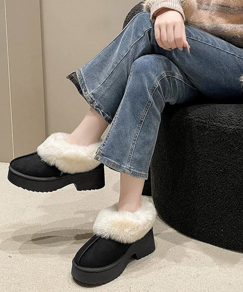 スエード調 ショートムートンブーツ厚底靴 ボリュームファー ショートブーツ もこもこムートンシューズ 暖かい冬ブーツ カジュアル 美脚ボアシューズ あったか防寒靴 92JLDZSW-004