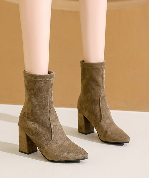 ショートブーツ スエードストレッチブーツ ポインテッドトゥ ブーティー美脚脚長 チャンキーヒール ミドルブーツ秋冬 レディース 太ヒール靴 歩きやすいブーツ高級感 92JLDZSW-006