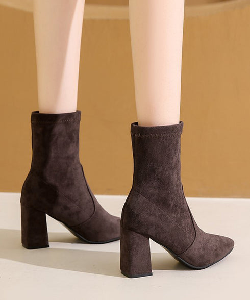 ショートブーツ スエードストレッチブーツ ポインテッドトゥ ブーティー美脚脚長 チャンキーヒール ミドルブーツ秋冬 レディース 太ヒール靴 歩きやすいブーツ高級感 92JLDZSW-006