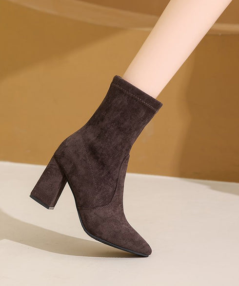 ショートブーツ スエードストレッチブーツ ポインテッドトゥ ブーティー美脚脚長 チャンキーヒール ミドルブーツ秋冬 レディース 太ヒール靴 歩きやすいブーツ高級感 92JLDZSW-006