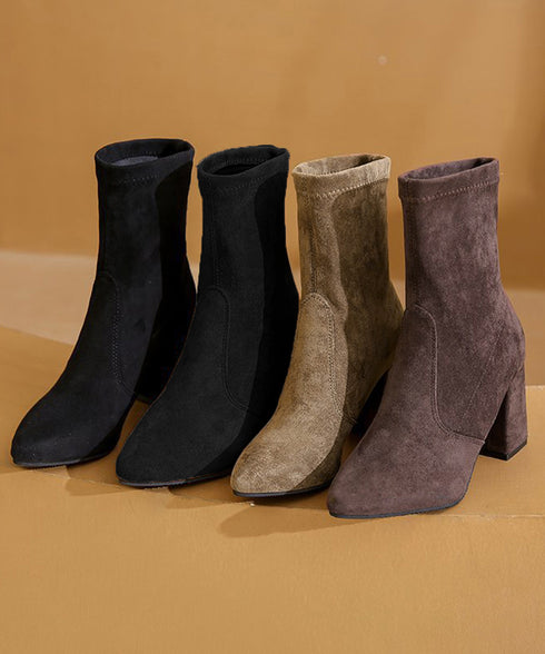 ショートブーツ スエードストレッチブーツ ポインテッドトゥ ブーティー美脚脚長 チャンキーヒール ミドルブーツ秋冬 レディース 太ヒール靴 歩きやすいブーツ高級感 92JLDZSW-006