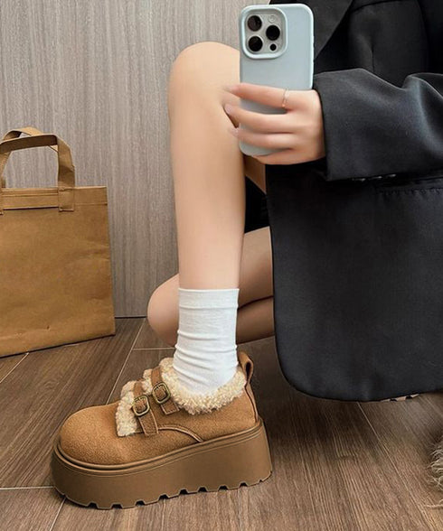 ダブルベルトボアムートンシューズ 厚底靴 あったかボアシューズレディース 歩きやすいアンクルブーツ軽量 大人可愛い暖かい裏起毛モカシン きれいめ冬靴防寒 美脚脚長 92JLDZSW-007