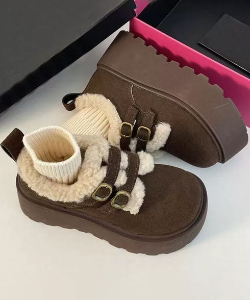 ダブルベルトボアムートンシューズ 厚底靴 あったかボアシューズレディース 歩きやすいアンクルブーツ軽量 大人可愛い暖かい裏起毛モカシン きれいめ冬靴防寒 美脚脚長 92JLDZSW-007