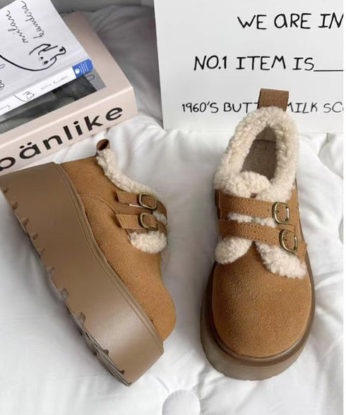 ダブルベルトボアムートンシューズ 厚底靴 あったかボアシューズレディース 歩きやすいアンクルブーツ軽量 大人可愛い暖かい裏起毛モカシン きれいめ冬靴防寒 美脚脚長 92JLDZSW-007
