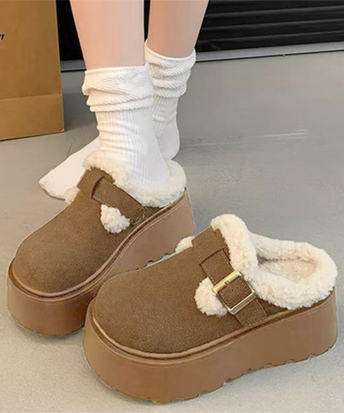 ボア厚底モカシンレディースサボサンダル冬 ふわふわプラットシューズ 暖かい冬靴 履きやすい フェイクムートンローファー 歩きやすい もこもこ防寒靴バックルデザイン 92JLDZSW-008