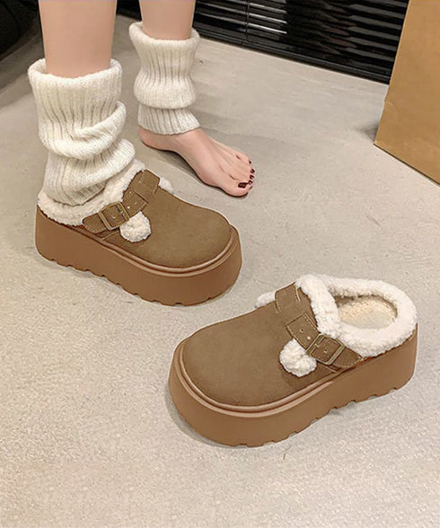 ボア厚底モカシンレディースサボサンダル冬 ふわふわプラットシューズ 暖かい冬靴 履きやすい フェイクムートンローファー 歩きやすい もこもこ防寒靴バックルデザイン 92JLDZSW-008