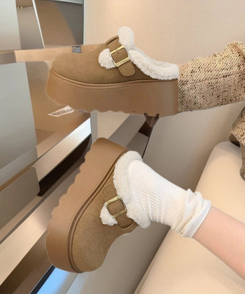 ボア厚底モカシンレディースサボサンダル冬 ふわふわプラットシューズ 暖かい冬靴 履きやすい フェイクムートンローファー 歩きやすい もこもこ防寒靴バックルデザイン 92JLDZSW-008