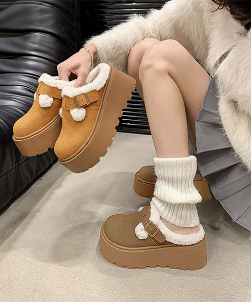 ボア厚底モカシンレディースサボサンダル冬 ふわふわプラットシューズ 暖かい冬靴 履きやすい フェイクムートンローファー 歩きやすい もこもこ防寒靴バックルデザイン 92JLDZSW-008