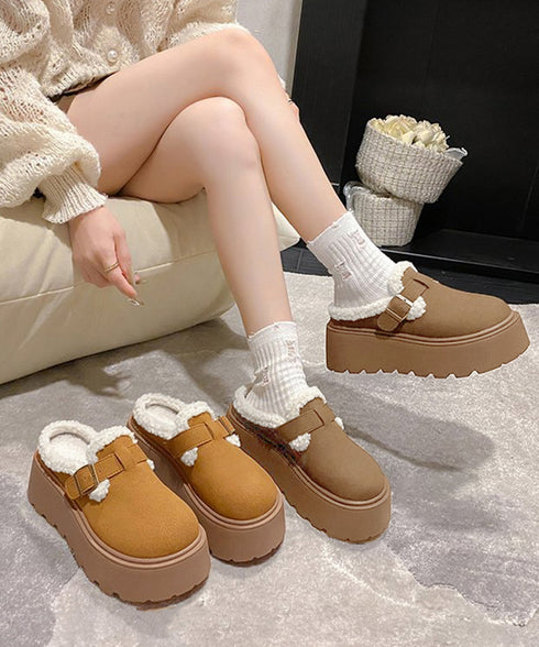ボア厚底モカシンレディースサボサンダル冬 ふわふわプラットシューズ 暖かい冬靴 履きやすい フェイクムートンローファー 歩きやすい もこもこ防寒靴バックルデザイン 92JLDZSW-008