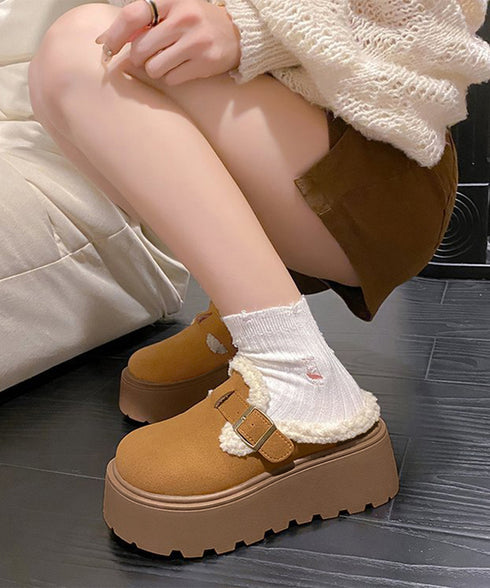 ボア厚底モカシンレディースサボサンダル冬 ふわふわプラットシューズ 暖かい冬靴 履きやすい フェイクムートンローファー 歩きやすい もこもこ防寒靴バックルデザイン 92JLDZSW-008