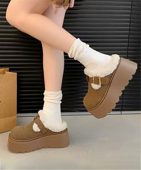 ボア厚底モカシンレディースサボサンダル冬 ふわふわプラットシューズ 暖かい冬靴 履きやすい フェイクムートンローファー 歩きやすい もこもこ防寒靴バックルデザイン 92JLDZSW-008