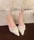 レースミュールサンダルリボン付きミュール ポインテッドトゥミュールきれいめ 歩きやすい 韓国風 大人可愛い 透明ヒールサンダル レース素材パンプス 透け感ミュール 92JLDZSW-018