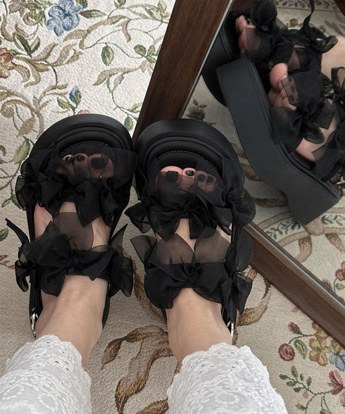 厚底サンダル可愛い シアーリボンサンダル レディース厚底ストラップサンダル コンフォートサンダル歩きやすい フェミニンサマーシューズ 夏靴 お出かけサンダルデート 92JLDZSW-019