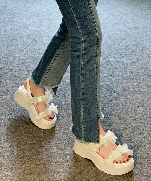 厚底サンダル可愛い シアーリボンサンダル レディース厚底ストラップサンダル コンフォートサンダル歩きやすい フェミニンサマーシューズ 夏靴 お出かけサンダルデート 92JLDZSW-019
