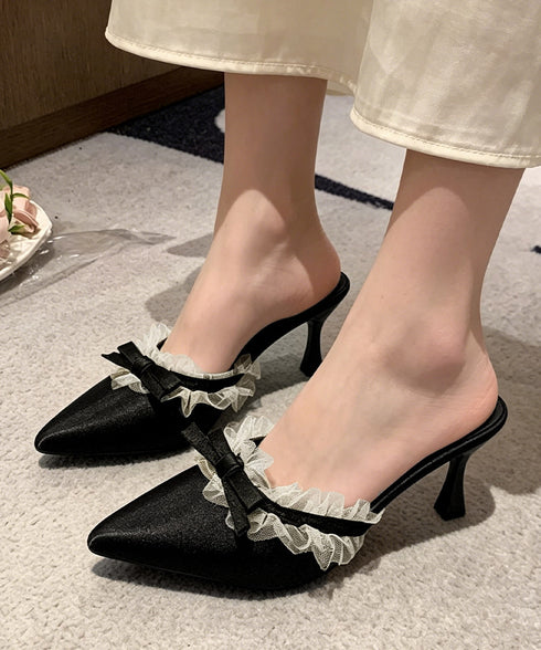 ドット柄ミュールパンプスポインテッドトゥ レディースきれいめミュールサンダル リボンパンプス オフィスカジュアル 歩きやすいシューズ大人可愛いレースフリルパンプス 92JLDZSW-023