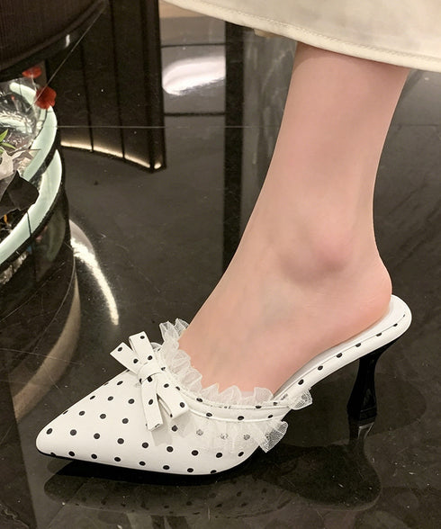 ドット柄ミュールパンプスポインテッドトゥ レディースきれいめミュールサンダル リボンパンプス オフィスカジュアル 歩きやすいシューズ大人可愛いレースフリルパンプス 92JLDZSW-023