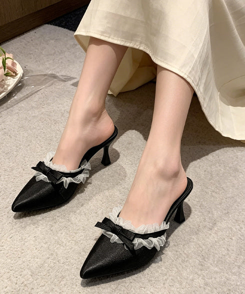 ドット柄ミュールパンプスポインテッドトゥ レディースきれいめミュールサンダル リボンパンプス オフィスカジュアル 歩きやすいシューズ大人可愛いレースフリルパンプス 92JLDZSW-023