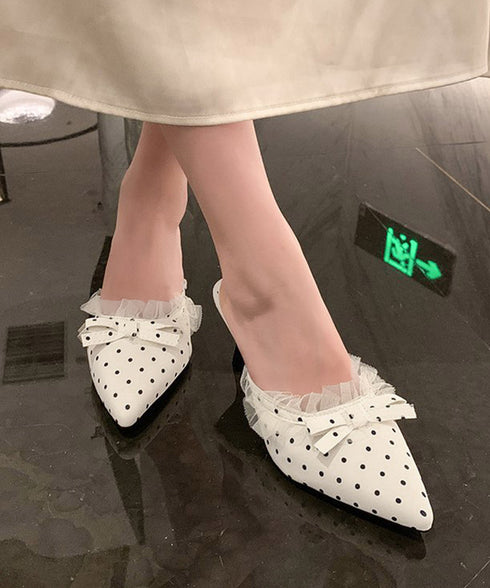 ドット柄ミュールパンプスポインテッドトゥ レディースきれいめミュールサンダル リボンパンプス オフィスカジュアル 歩きやすいシューズ大人可愛いレースフリルパンプス 92JLDZSW-023