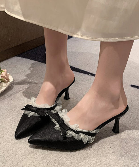ドット柄ミュールパンプスポインテッドトゥ レディースきれいめミュールサンダル リボンパンプス オフィスカジュアル 歩きやすいシューズ大人可愛いレースフリルパンプス 92JLDZSW-023