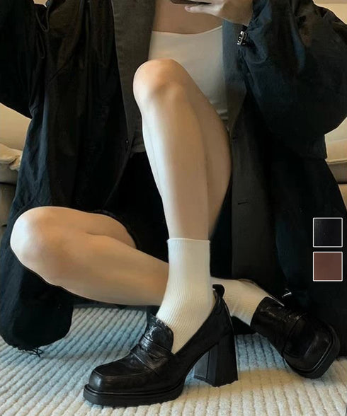 スクエアトゥローファー 太ヒールパンプス 歩きやすい チャンキーヒールパンプス 疲れないPUレザー靴 レディース美脚脚靴 オフィスカジュアル通勤通学厚底ローファー 92JLDZSW-027
