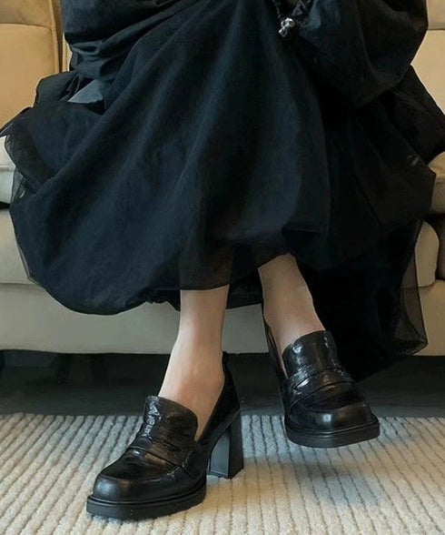 スクエアトゥローファー 太ヒールパンプス 歩きやすい チャンキーヒールパンプス 疲れないPUレザー靴 レディース美脚脚靴 オフィスカジュアル通勤通学厚底ローファー 92JLDZSW-027