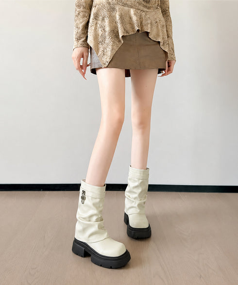 カバーブーツレディースミドルブーツ厚底靴 おしゃれエンジニアブーツ 美脚ショートブーツ カジュアル靴 歩きやすいシューズ春秋冬 韓国風 くしゅくしゅドレープブーツ 92JLDZSW-032