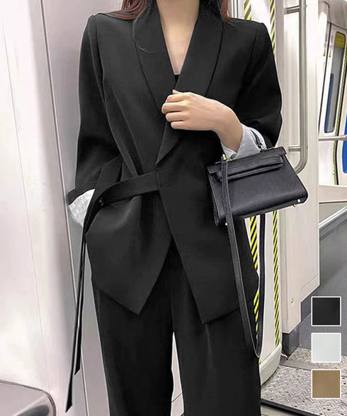 テーラードジャケット パンツスーツセット ベルト付きウエストマーク ロングジャケット ゆったり セミワイドパンツ 大人上品セット オフィススーツセット30代40代 92JLS-001