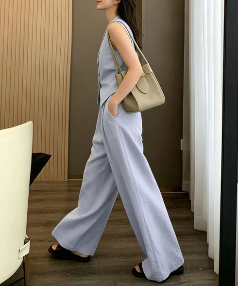 リネン混ベスト×ワイドパンツセットアップ レディース カジュアルきれいめ春夏セット Vネックベスト バックストリングチョッキおしゃれ テーパード風ワイド体型カバー 92JLS-002
