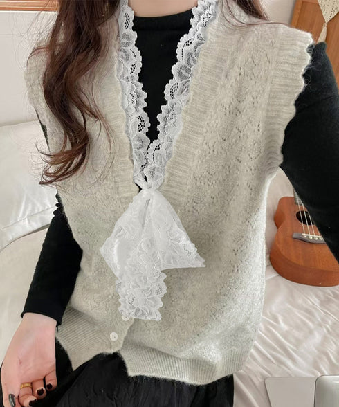 ニットベストネックラインレースニットジレ レディース フェミニン 大人可愛い リボンベストセーター ノースリーブ ニットトップス レイヤード ニットチョッキ韓国風 92KN-001