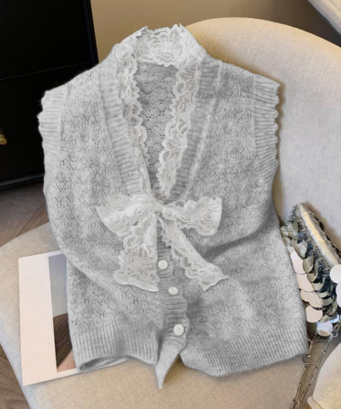 ニットベストネックラインレースニットジレ レディース フェミニン 大人可愛い リボンベストセーター ノースリーブ ニットトップス レイヤード ニットチョッキ韓国風 92KN-001
