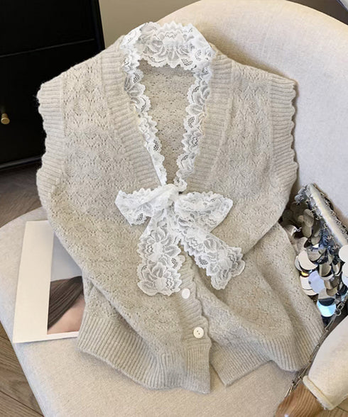 ニットベストネックラインレースニットジレ レディース フェミニン 大人可愛い リボンベストセーター ノースリーブ ニットトップス レイヤード ニットチョッキ韓国風 92KN-001