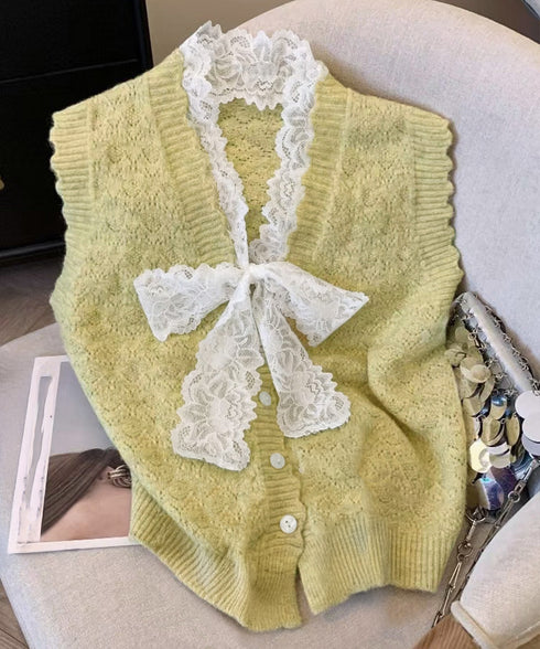 ニットベストネックラインレースニットジレ レディース フェミニン 大人可愛い リボンベストセーター ノースリーブ ニットトップス レイヤード ニットチョッキ韓国風 92KN-001