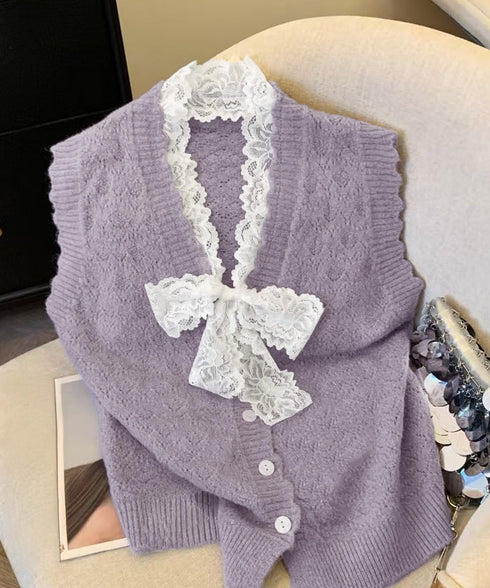 ニットベストネックラインレースニットジレ レディース フェミニン 大人可愛い リボンベストセーター ノースリーブ ニットトップス レイヤード ニットチョッキ韓国風 92KN-001